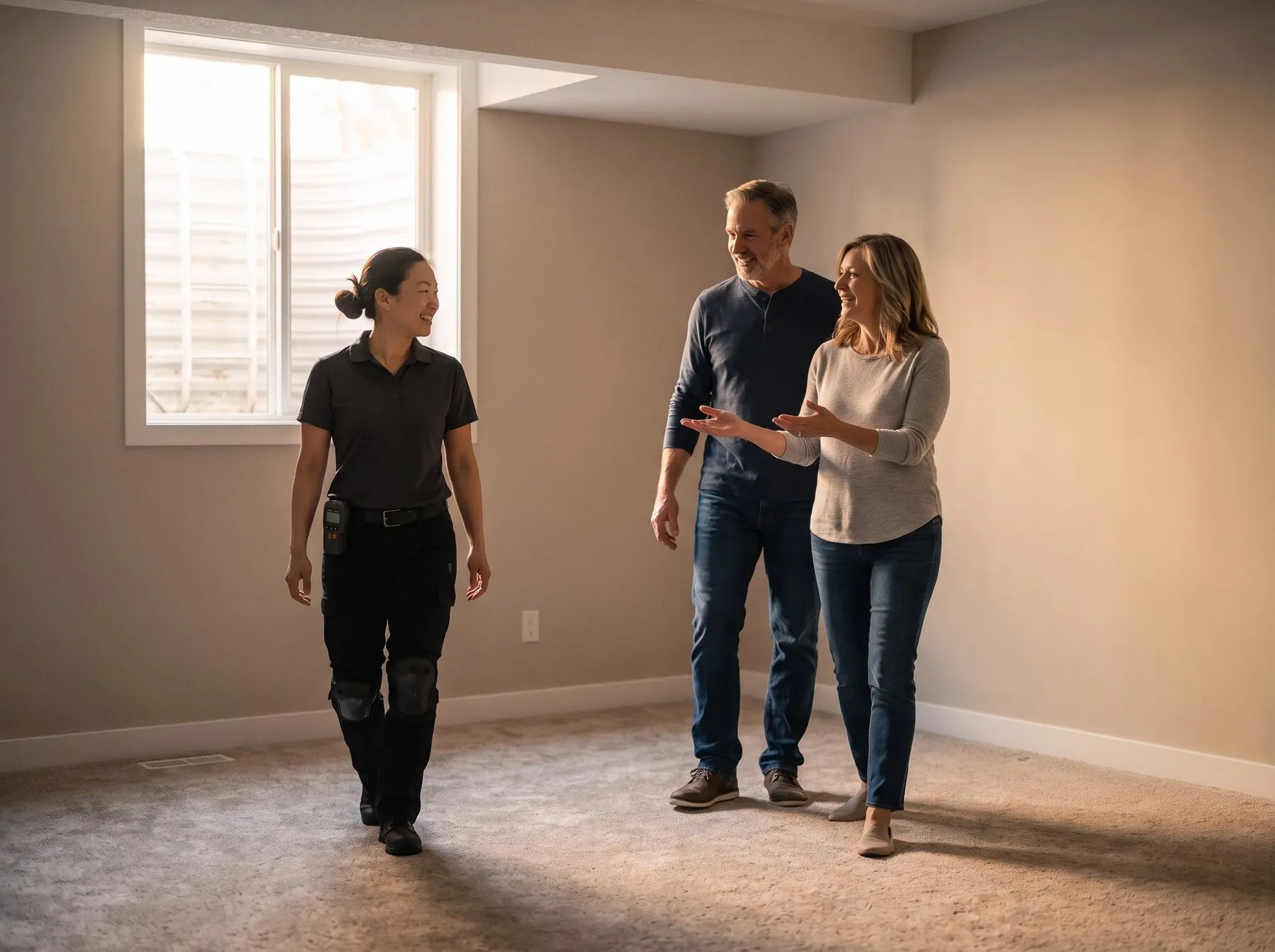 Illustrative photo: A restoration technician walking a relieved couple through their dried, repaired basement.
