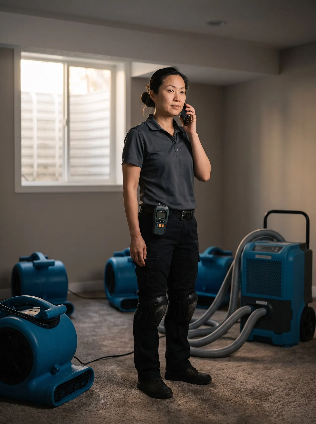 Illustrative photo: A restoration technician answering a call in a basement full of drying fans.