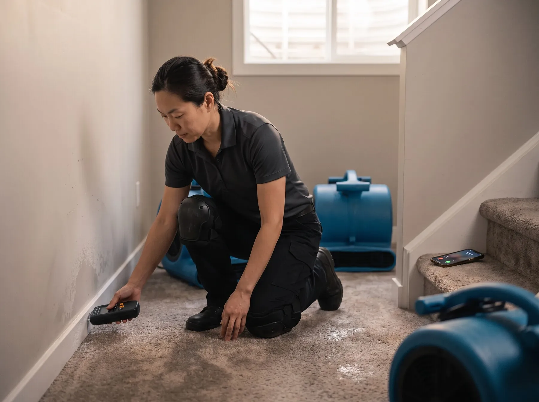 Illustrative photo: A restoration technician checking a wet wall with a moisture meter while her phone lights up on the stairs.